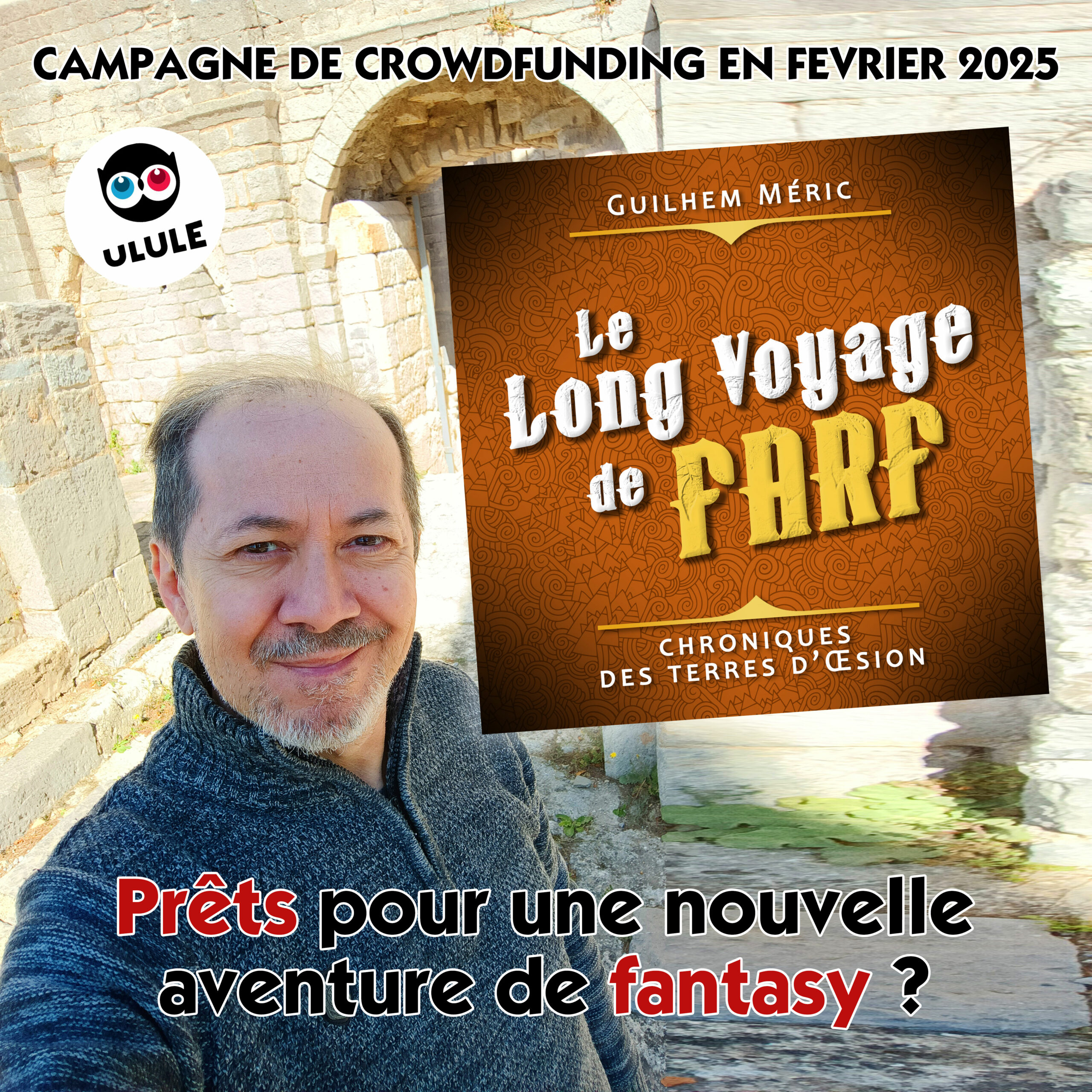 L'auteur et le logo du titre de son livre "Le Long Voyage de Farf"